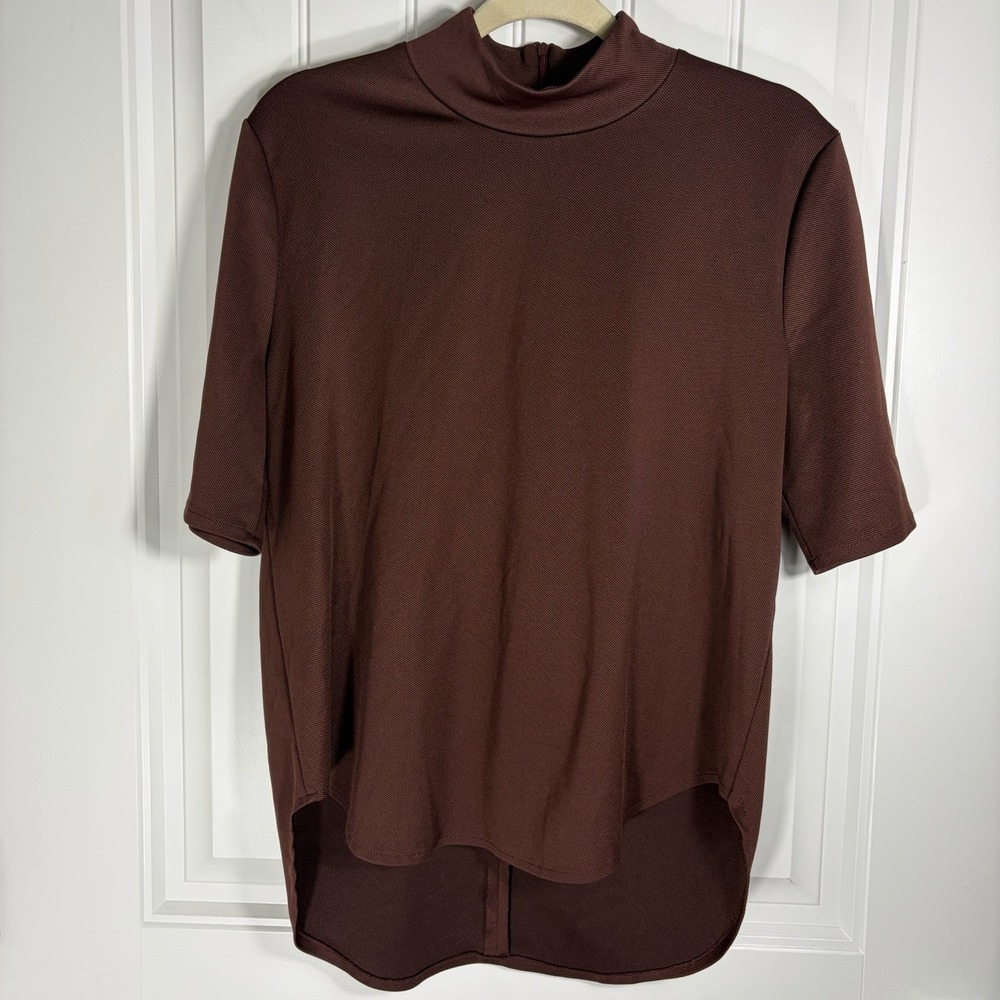 Zara Women's Medium Chocolate Brown Mock Neck Short Sleeve High Low Top